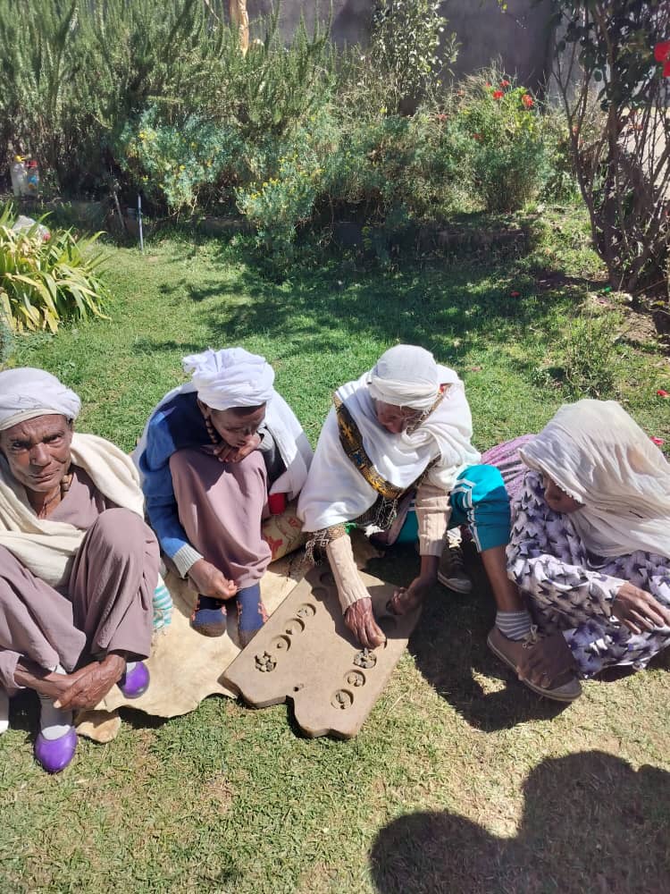 Elders enjoying an activity together in the garden